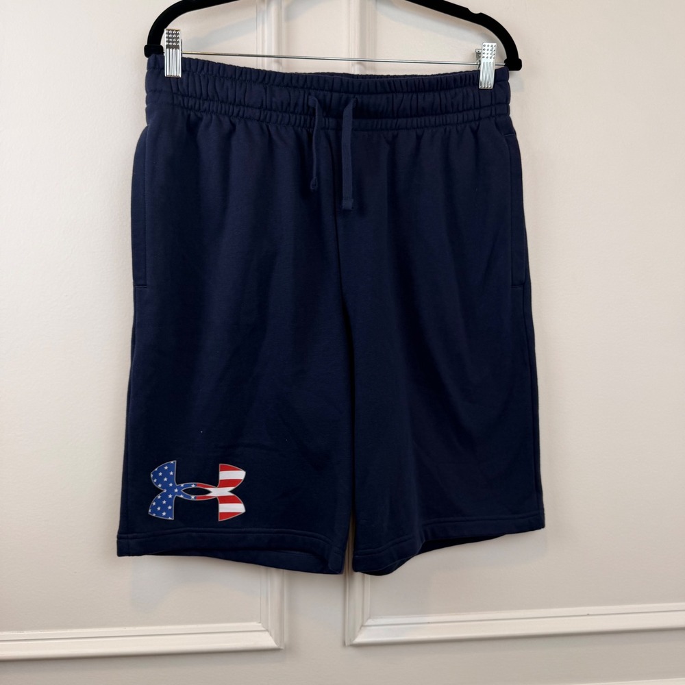Under Armour Mens Rival Fleece Shorts Navy Blue American Flag Logo Large